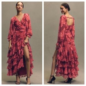 NWT Anthropologie Hutch Kya Long-Sleeve V-Neck Printed Tiered Wrap Maxi Dress XS